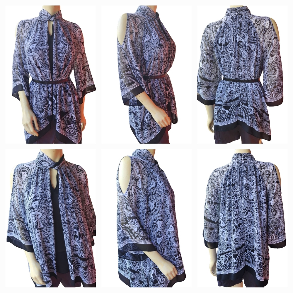 Black Label By Chico's Scarf Type Blouse, Black and White Size 0